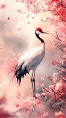 A graceful white crane stands amidst blossoming pink flowering branches