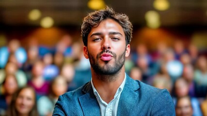 Professional businessman with confident smile wearing blue blazer at corporate event. Young executive with beard in formal attire radiating success and leadership at business conference