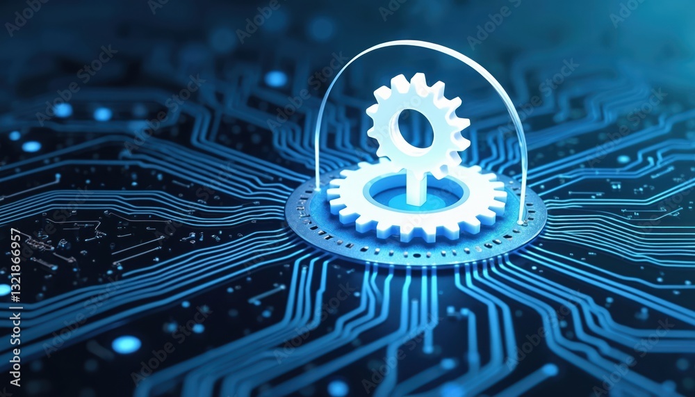 Poster hi-tech digital illustration white gears on circuit board. cyber security concept with cog wheel on 