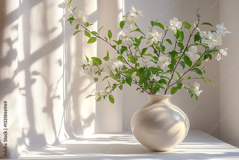 Poster a beautiful arrangement of white flowers in a cream vase, illuminated by natural light, creating a s