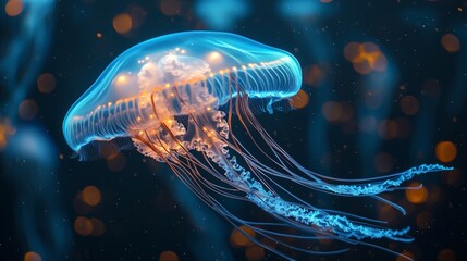 Naklejka premium Glowing jellyfish drifting gracefully in the deep ocean environment