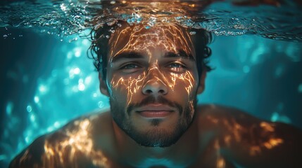 Fototapeta premium A swimmer in a red swimsuit dives underwater, stretching one arm forward.