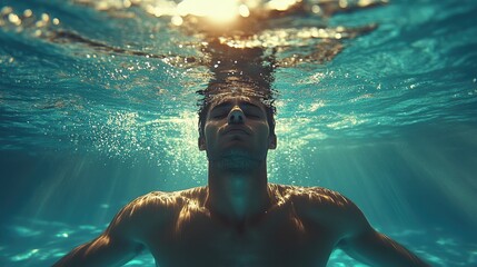 A swimmer in a red swimsuit dives underwater, stretching one arm forward.