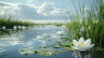 Floating white lilies on a calm pond, reflecting the sky and surrounding greenery, creating a peaceful and meditative nature scene.