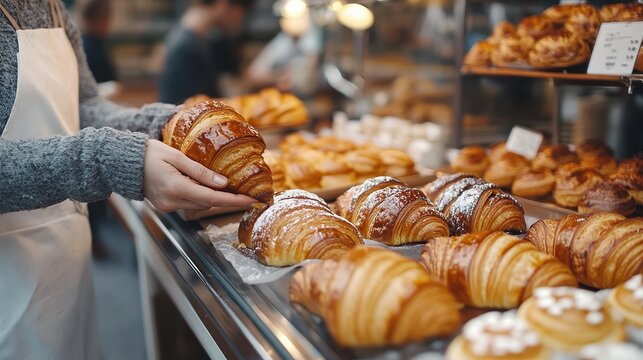  Freshly baked croissants arranged in bakery display, golden flaky layers and powdered sugar, warm and inviting atmosphere with pastry selection.