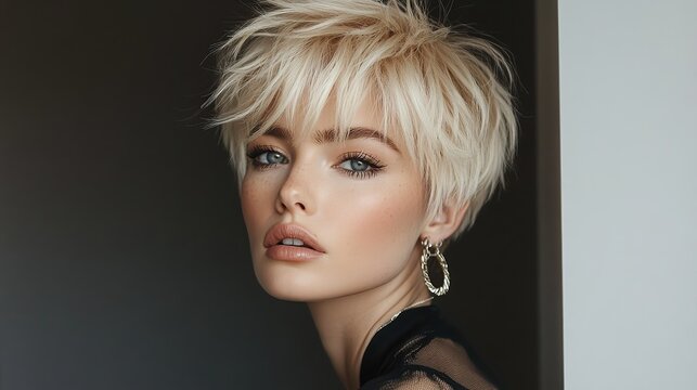  Short pixie cut with bold texture stylish, choppy pixie cut with feathered layers and edgy volume, framing the face with modern flair.