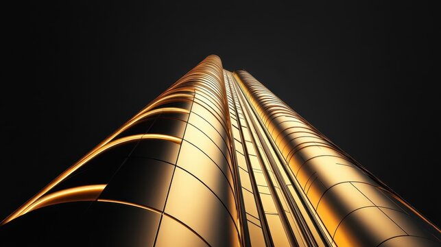 Upward perspective of a golden architectural structure against the dark backdrop
