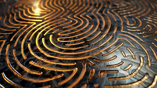 A close-up of a golden fingerprint pattern etched into a shiny metallic surface, creating a dynamic texture.