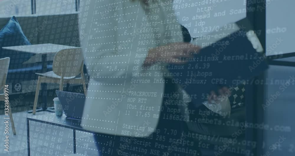Poster in office, people working on computers with code overlay animation displayed