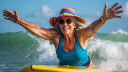 Elderly Woman Surfing with Joy