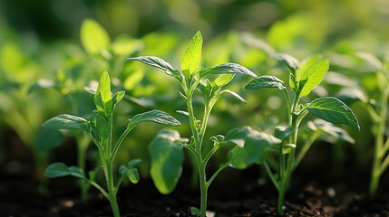  Tomato seedlings with vibrant green leaves small, bright green plants with slightly serrated leaves stretching upward.