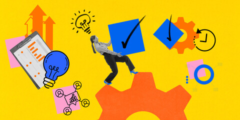 Businesswoman carrying blue checkmark, surrounded by statistics, gears, financial growth elements....