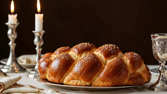 Freshly baked challah bread on a silver platter with candles and a wine goblet 