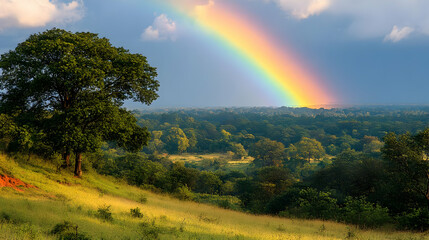 Obraz premium Vibrant Rainbow Arcing Over Lush Green Landscape
