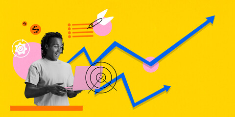 Man analyzing trends on laptop, surrounded by financial growth symbols, charts, goals. Concept of business planning, strategy, market analysis, success. Contemporary art collage. Financial growth.