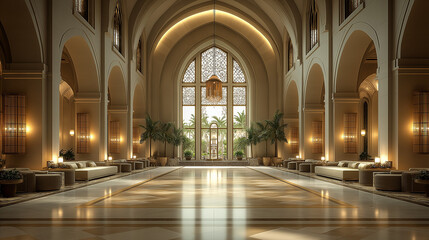 Obraz premium Grand hotel lobby with serene atmosphere, elegant seating, and large window.