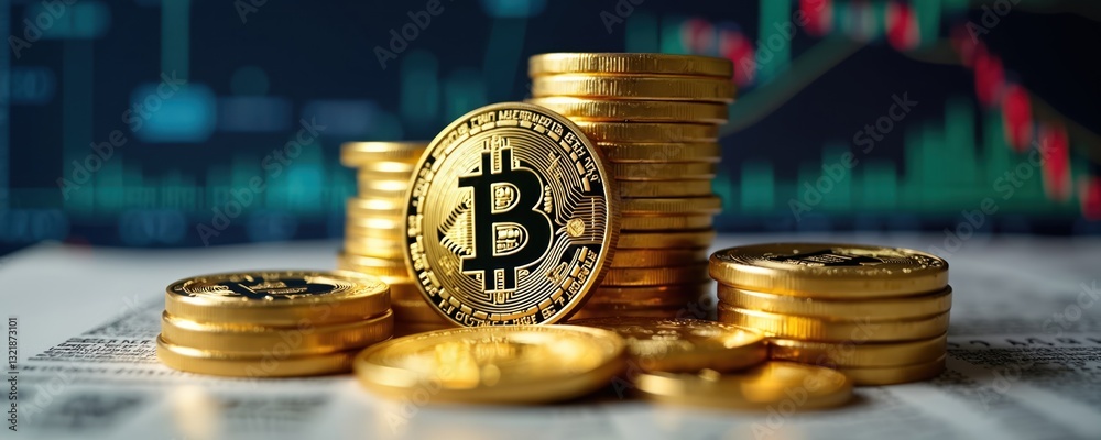 Poster close-up of golden bitcoin coins stack laying on newspaper with blurred financial chart. crypto curr