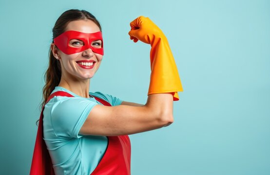 Smiling superhero woman in red mask, apron shows bicep muscle. Confident powerful house cleaner wearing orange gloves posing on blue background. Concept of housework, determination, strong female.