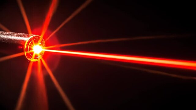 Bright red laser beam illuminating darkness with intricate patterns during a scientific demonstration or art installation