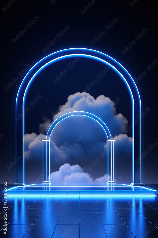 Poster neon arch in dark blue lights room with clouds. abstract background for party stage or product displ