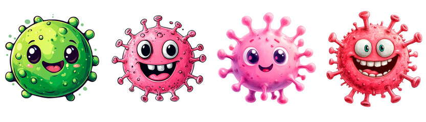 Set of cute cartoon virus isolated on transparent background