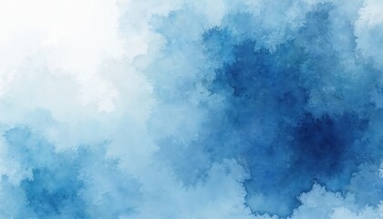 Abstract watercolor painting features blue texture, paint strokes. Artistic design with fluid washes, gradient tones. Background evokes ocean depths, cloudy skies, creating calming atmosphere,