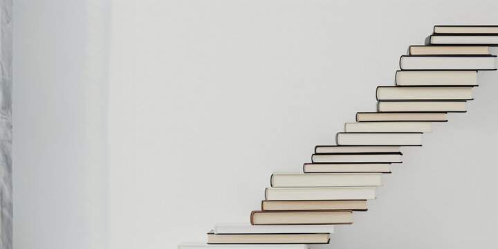 Literary Stairway: An artful arrangement of books forms a conceptual staircase, symbolizing knowledge, progress, and the ascent of learning.
