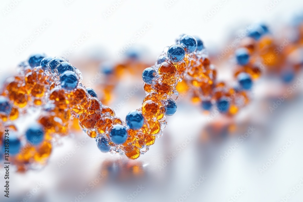 Poster a detailed macro shot of a dna double helix showcasing vibrant hues of orange and blue, symbolizing 