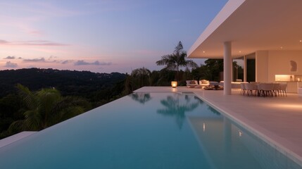 Obraz premium A large pool with a white house in the background. The pool is surrounded by a white deck and has a white railing. The pool is lit up at night, creating a serene