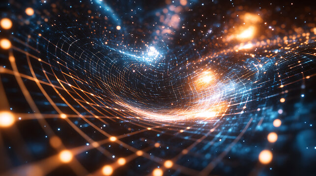 Realistic close-up animation of a massive celestial body bending spacetime, with a grid-like distortion visualizing gravitational lensing 