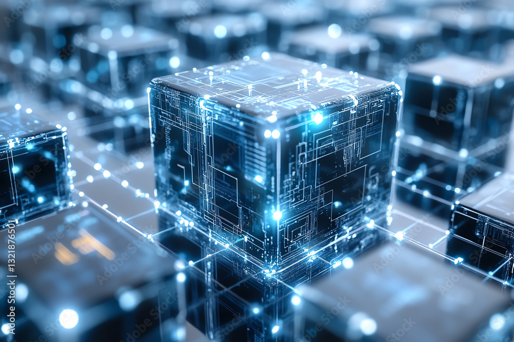 Poster A futuristic representation of interconnected digital cubes, showcasing advanced technology and innovation in a cybernetic environment.
