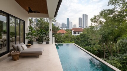 Fototapeta premium A pool with a view of a city skyline. The pool is surrounded by a patio with lounge chairs and a potted plant