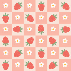 Preppy flirty strawberry with flower in frame seamless pattern on a cell background. Vector cute cartoon hand-drawn illustration. Tartan check for textile, baby clothes, wallpaper, scrubbing.