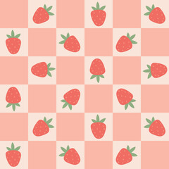 Preppy flirty strawberry seamless pattern on a cell background. Vector cute cartoon hand-drawn illustration. Tartan check for textile, baby clothes, wallpaper, scrubbing.