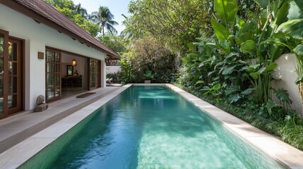 A large pool with a white house in the background. The pool is surrounded by green plants and trees