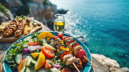 Greek food concept with farmers salad and souvlaki skewers in front of the sparkling, blue Aegean sea during summer time