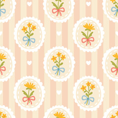 Preppy flirty flower with bow in frame seamless pattern on a striped background. Vector cute cartoon hand-drawn illustration. for textile, baby clothes, wallpaper, scrubbing.