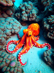 Obraz premium A large, bright, colorful octopus lies on the sand among the corals in the ocean