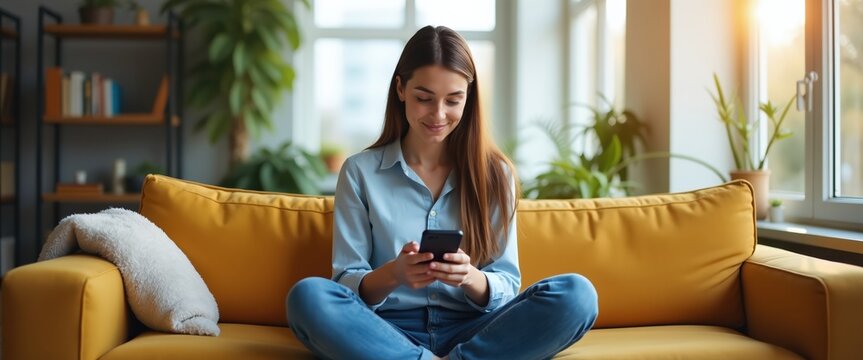 Adult woman using smartphone on cozy sofa, relaxation