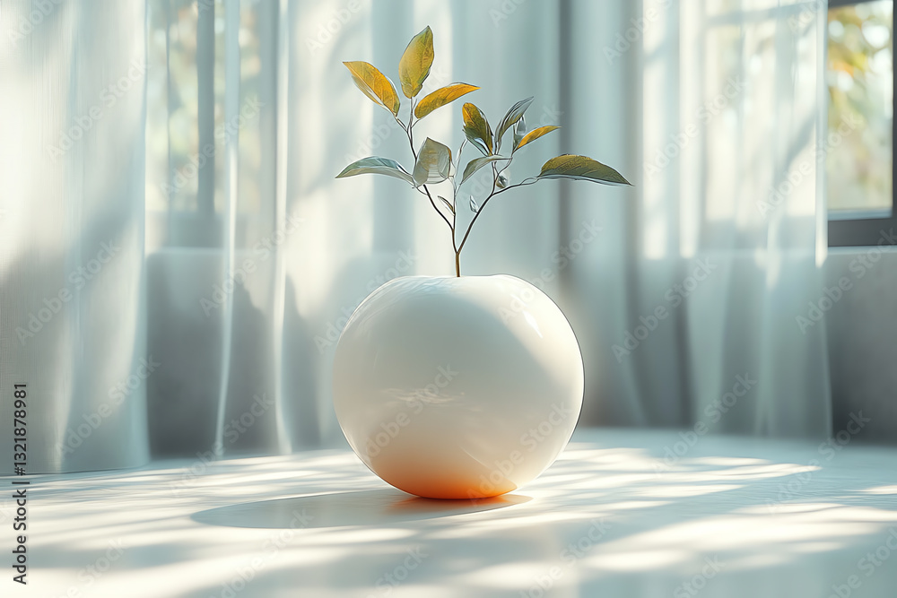 Aufkleber A minimalist image of a delicate plant in a modern white vase illuminated by soft light through sheer curtains, creating a serene and calming atmosphere.