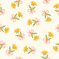 Preppy flirty meadow flower with bow seamless pattern. Vector cute cartoon hand-drawn illustration. Summer cute background for textile, baby clothes, wallpaper, scrubbing.