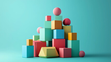A stack of colorful blocks with a pink ball on top