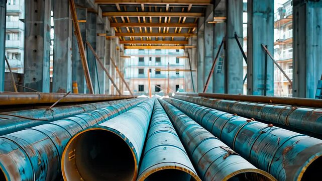 A close-up of construction pipes stacked on a construction site, with a background of an ongoing building project.
