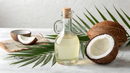 Bottle of Coconut Oil with Halved Coconut on a White Background – Natural and Organic Beauty