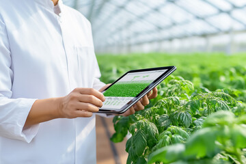 In a vibrant greenhouse filled with flourishing green crops, an engineer intently examines data on a tablet, optimizing agricultural practices for growth and sustainability
