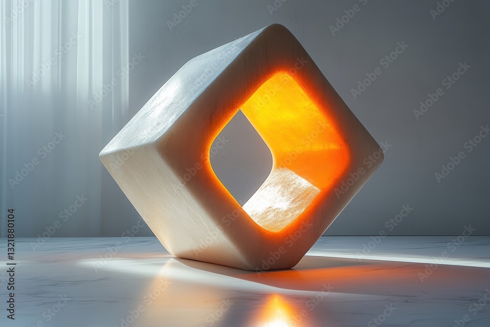 Poster a modern, illuminated geometric sculpture featuring a hollowed-out square shape, casting a warm glow