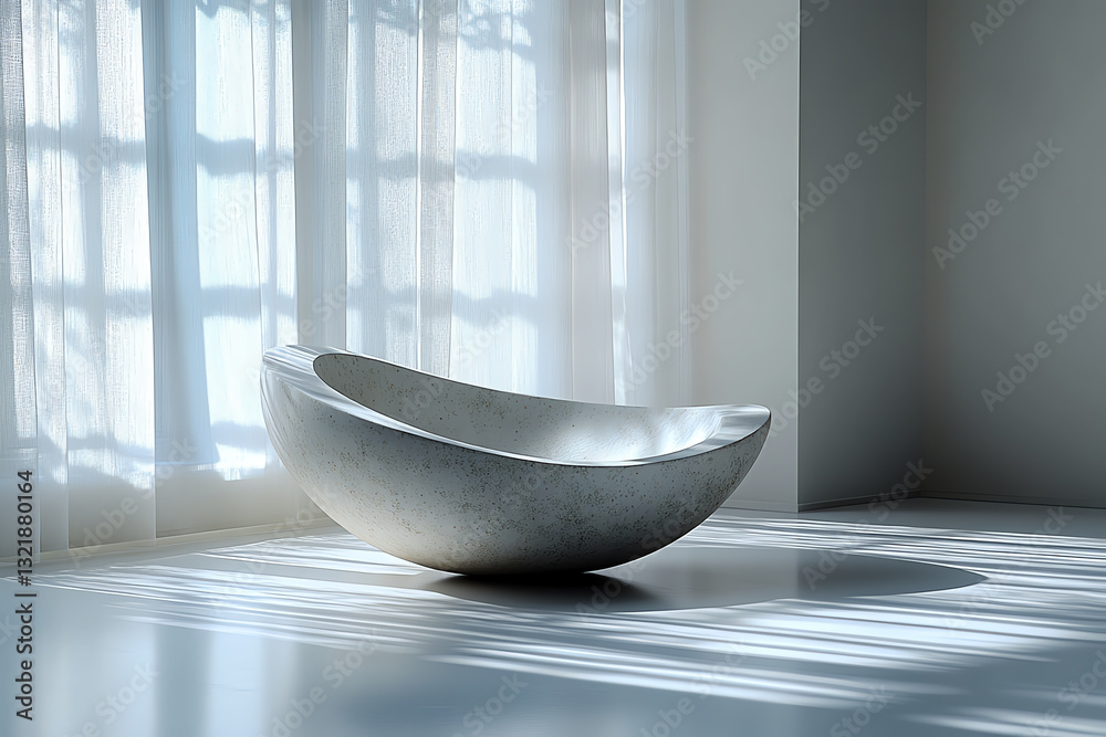 Poster a modern, minimalist bathtub sits elegantly in a serene room, illuminated by soft sunlight filtering