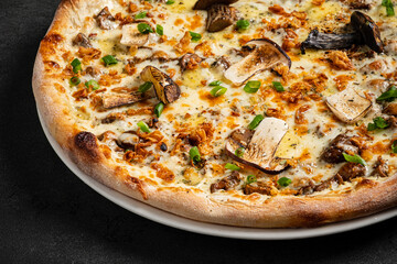 Tasty gourmet pizza featuring an array of fresh mushrooms and vibrant herbs on a golden crust