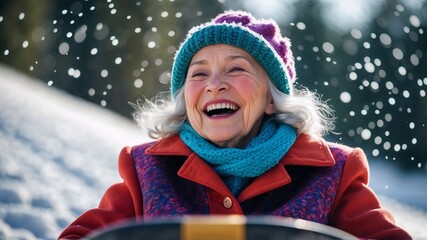 Elderly Woman Embracing Winter Fun