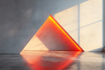 A modern interior featuring a triangular light installation casting vibrant hues, creating an artistic and serene atmosphere in the space.